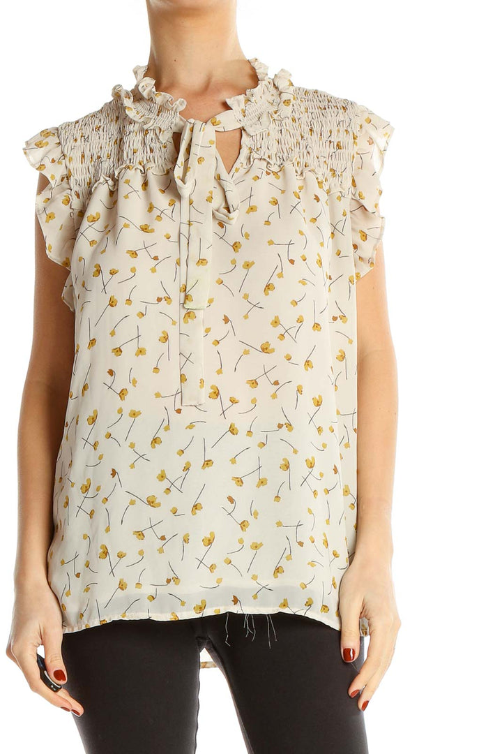 Beige Yellow Floral Print Bohemian Sleeveless Blouse