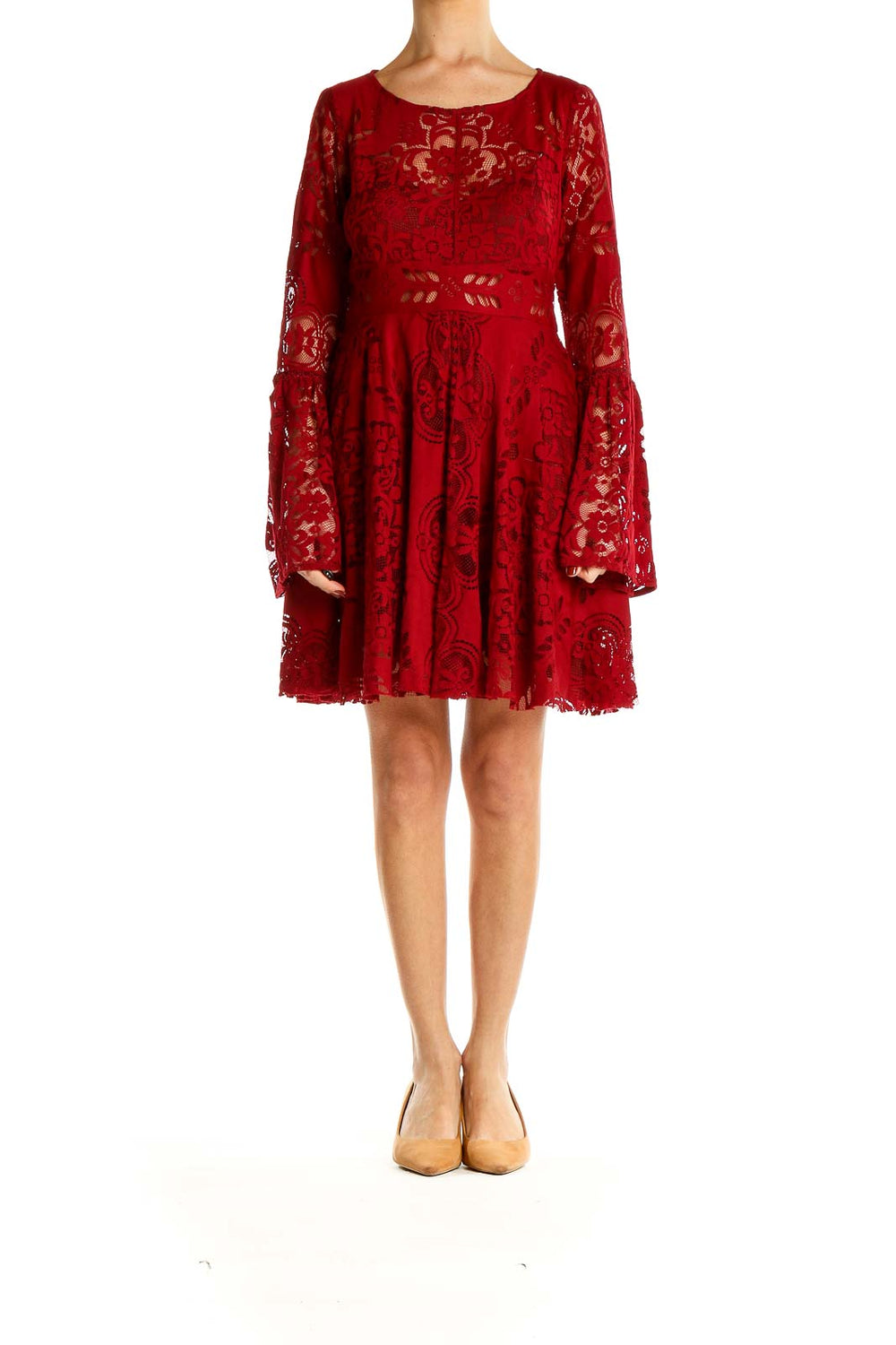 Front view of Free People red lace mini dress with bell sleeves