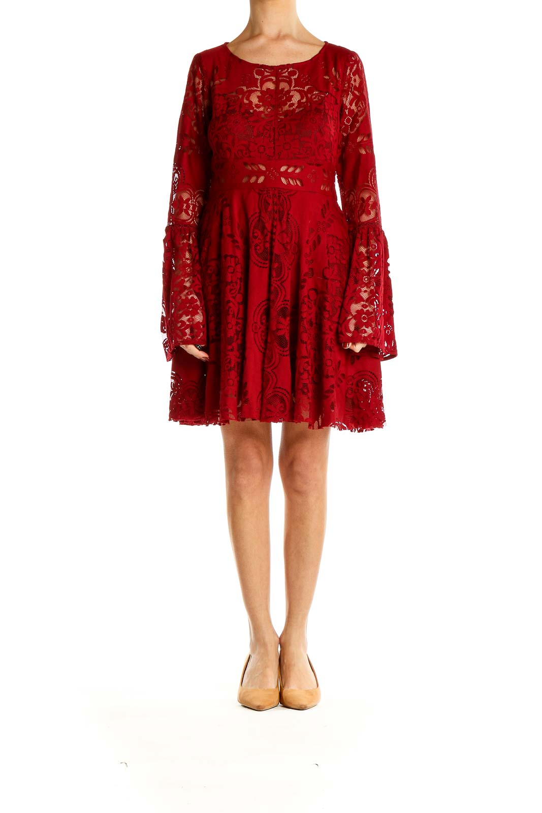 Front view of Free People red lace mini dress with bell sleeves