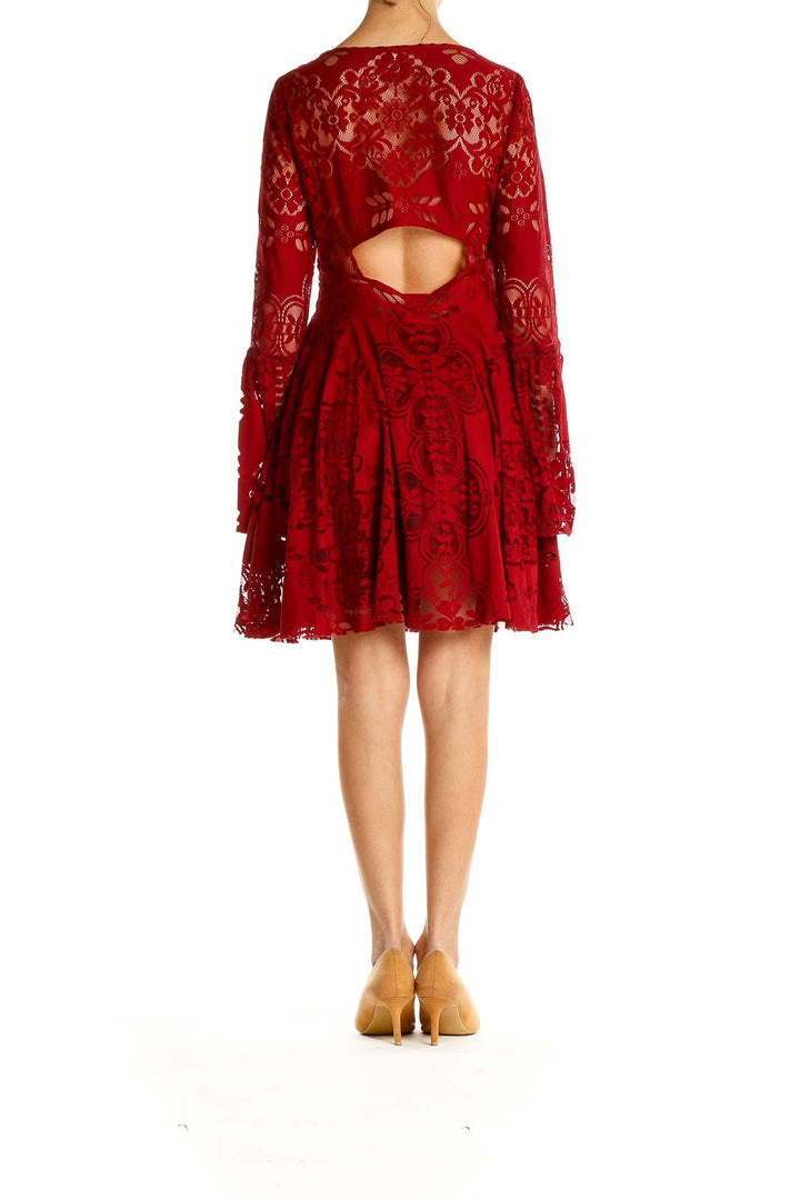 Back view of Free People red lace mini dress showing open back design