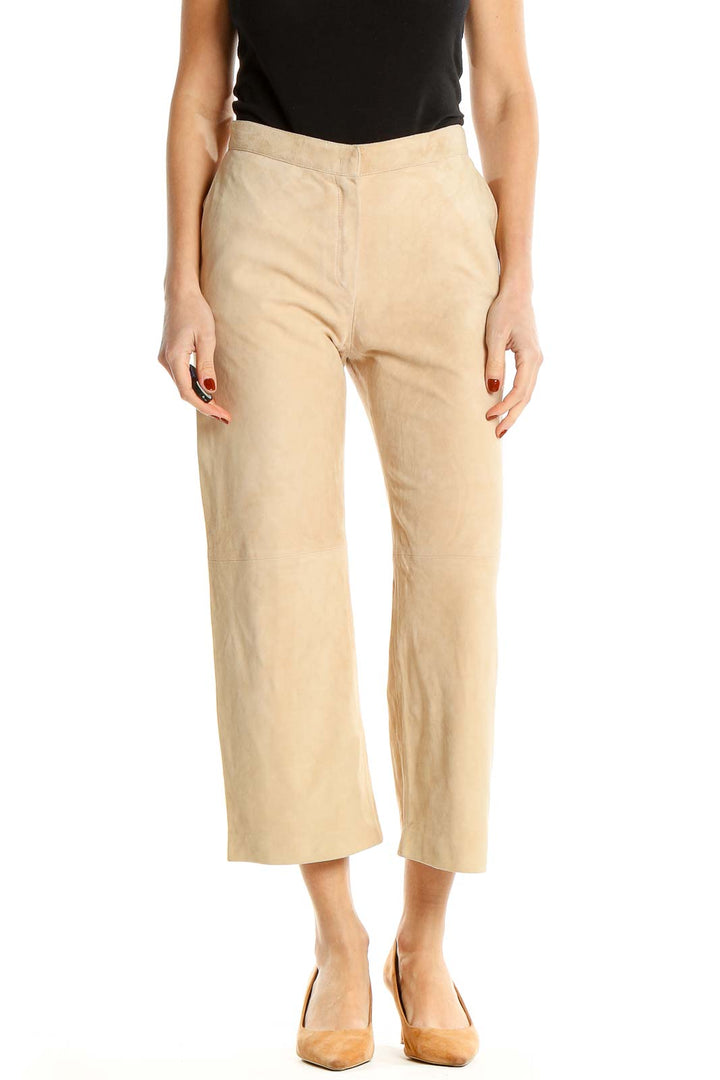 Beige Textured Classic Cropped Trousers