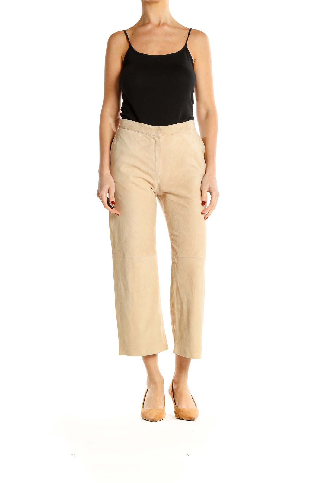 Beige Textured Classic Cropped Trousers