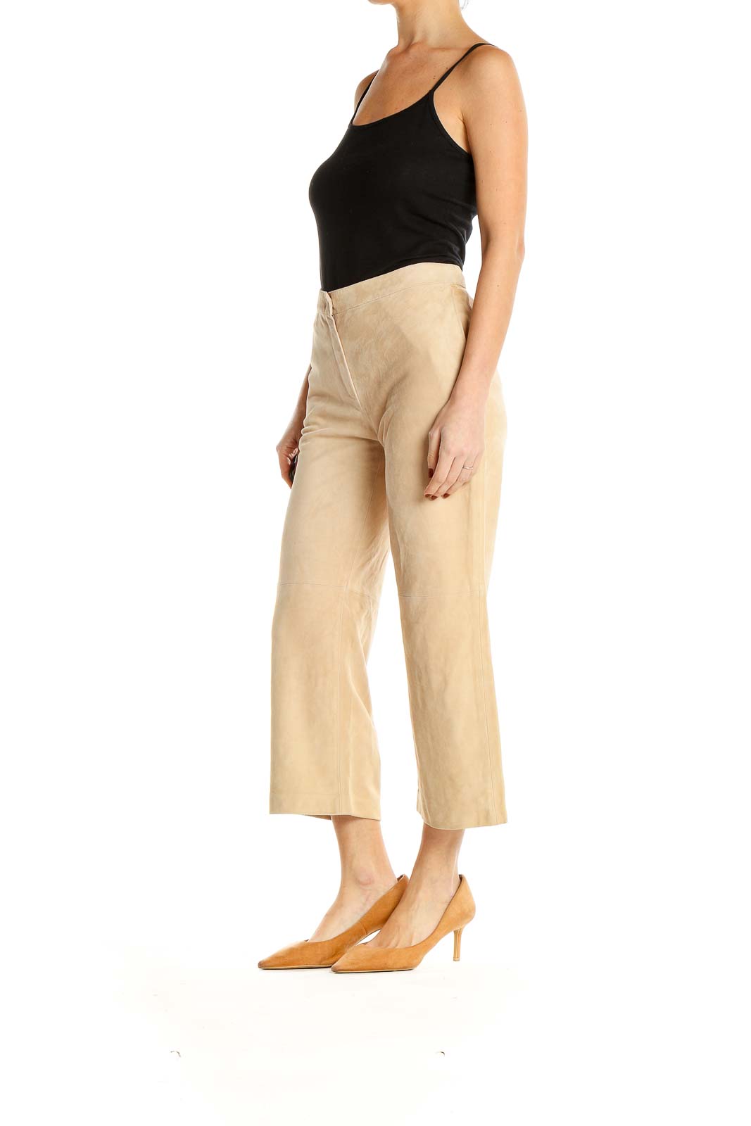 Beige Textured Classic Cropped Trousers