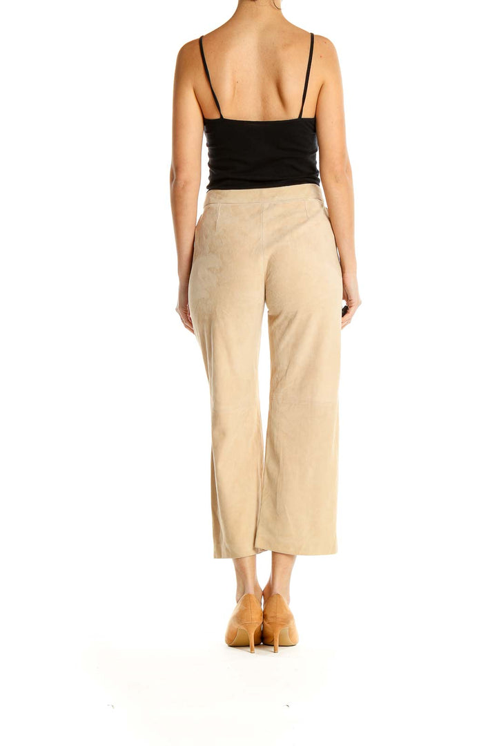 Beige Textured Classic Cropped Trousers