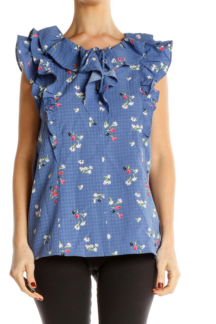 Blue Floral Print Ruffle Sleeveless Blouse