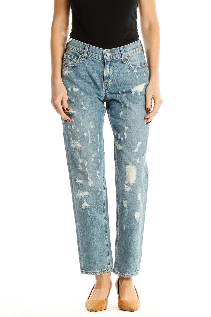 Blue Distressed Straight-Leg Jeans