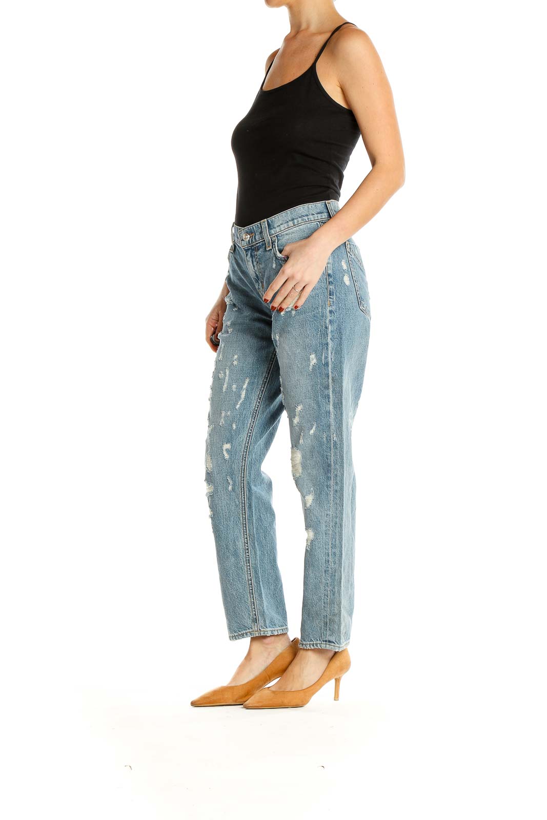 Blue Distressed Straight-Leg Jeans