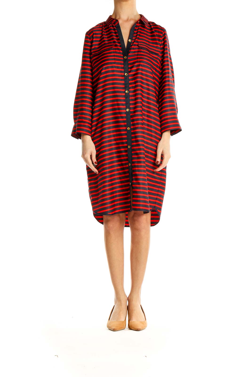 Front view of Red and Black Striped Button-Down Shirt Dress from The Limited