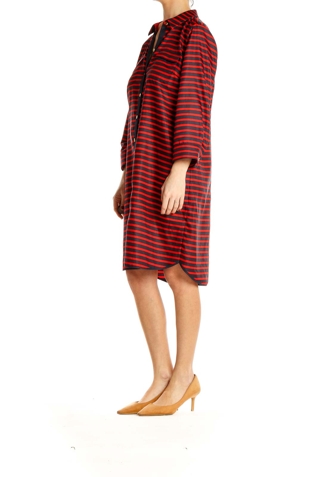 Front view of Red and Black Striped Button-Down Shirt Dress from The Limited