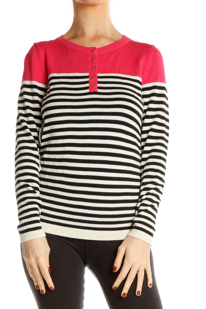 Black Pink White Striped Casual Top