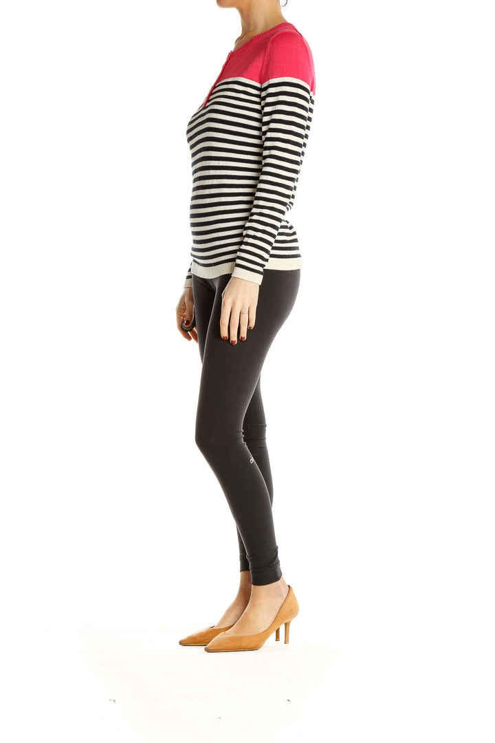 Black Pink White Striped Casual Top