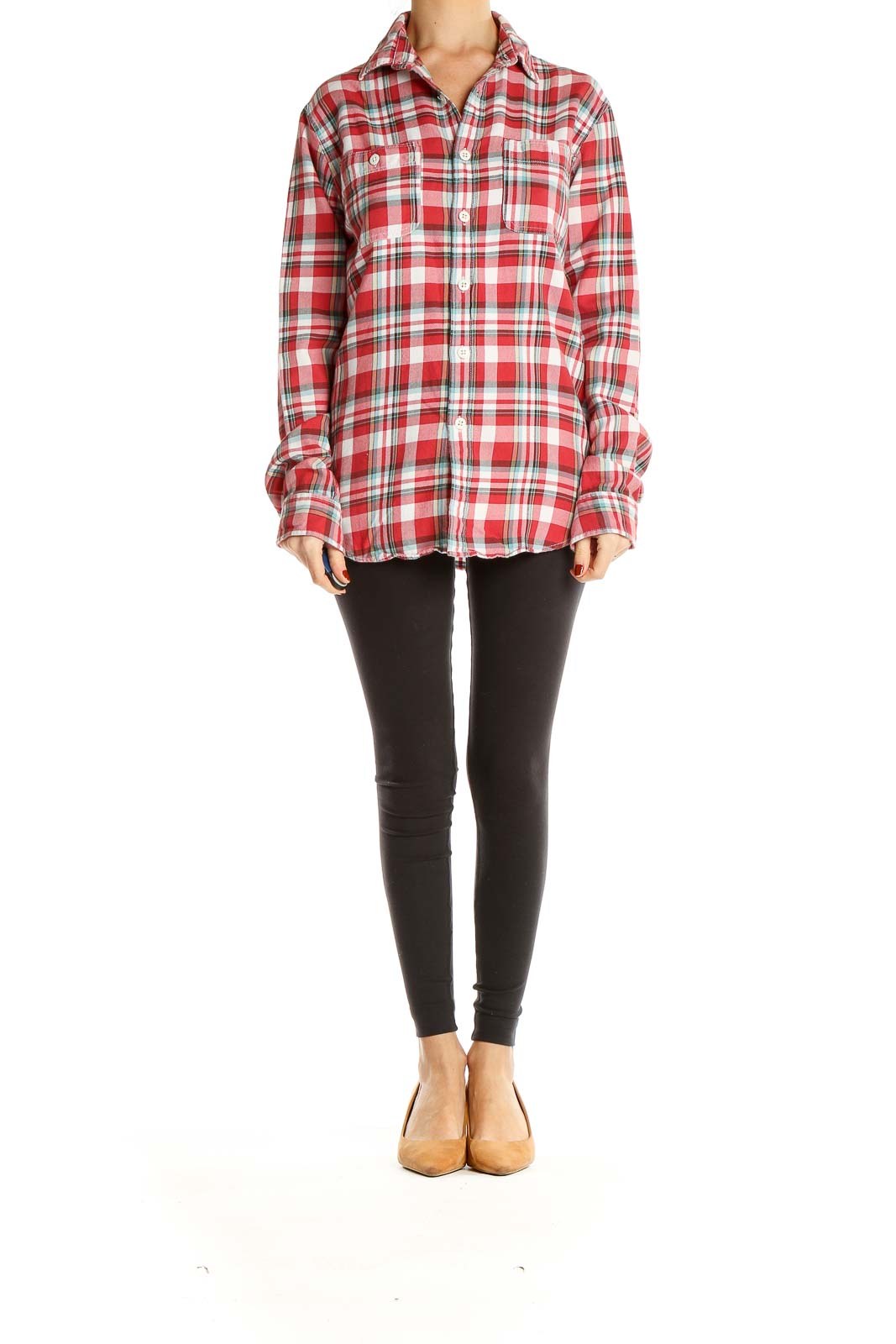 Front view of J.Crew red plaid button-up shirt with chest pockets