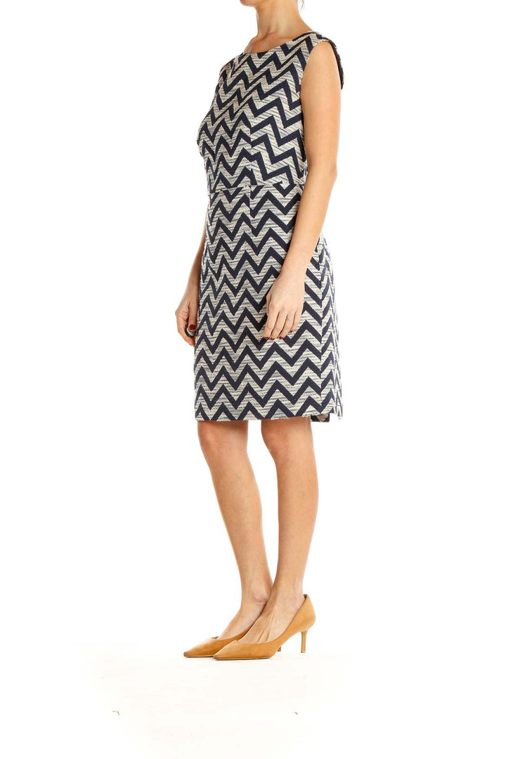 Blue Chevron Work Shift Dress