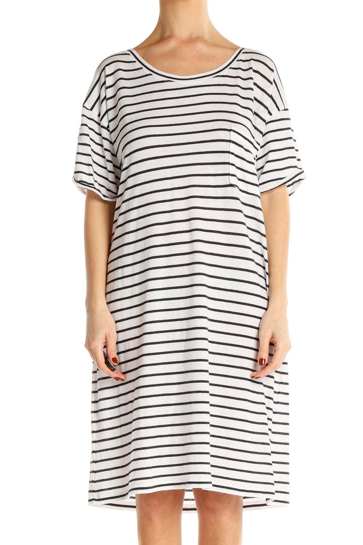 Front view of J.Crew white and black striped t-shirt dress