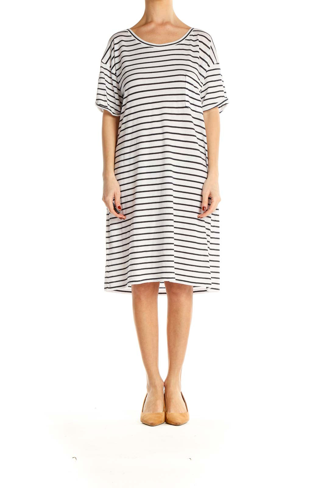 Front view of J.Crew white and black striped t-shirt dress