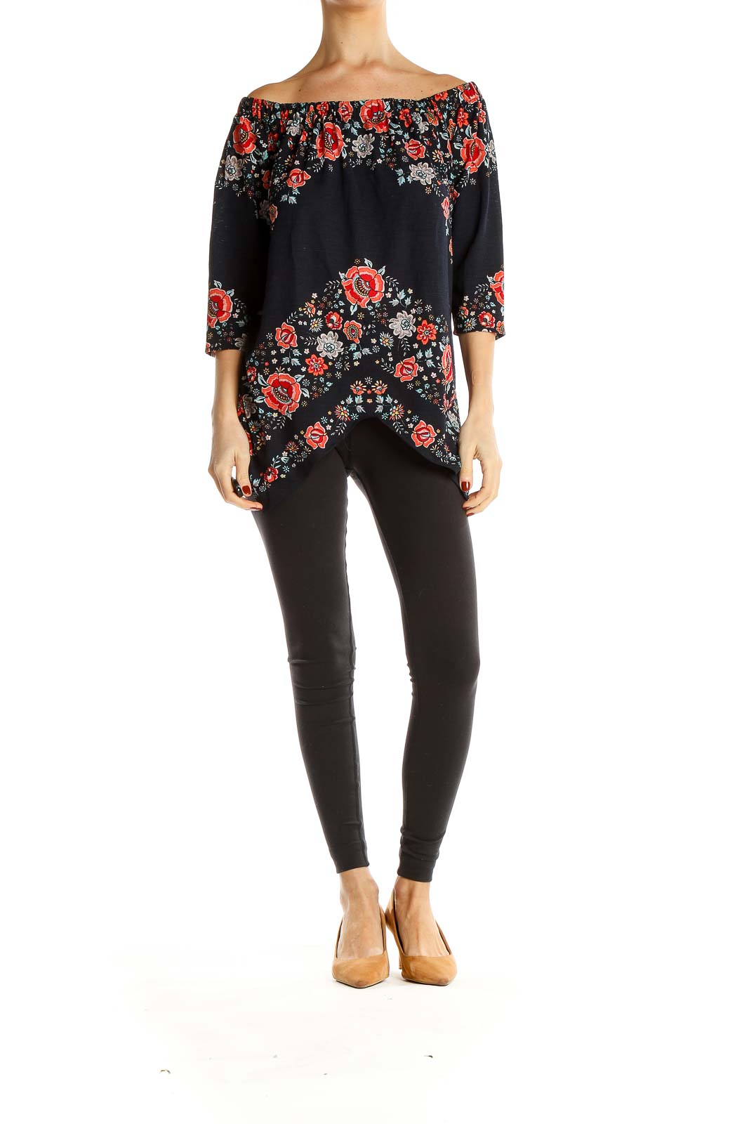 Front view of ECI black off-shoulder top with red floral print