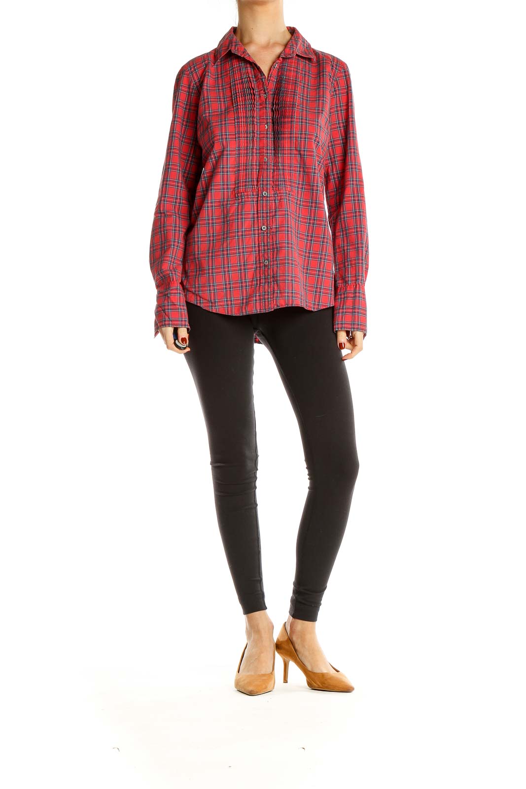 Front view of J.Crew red plaid button-up shirt with pintuck bib