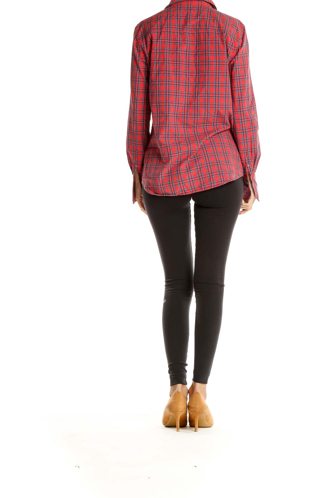 Side view of woman wearing J.Crew red plaid button-up shirt with black leggings