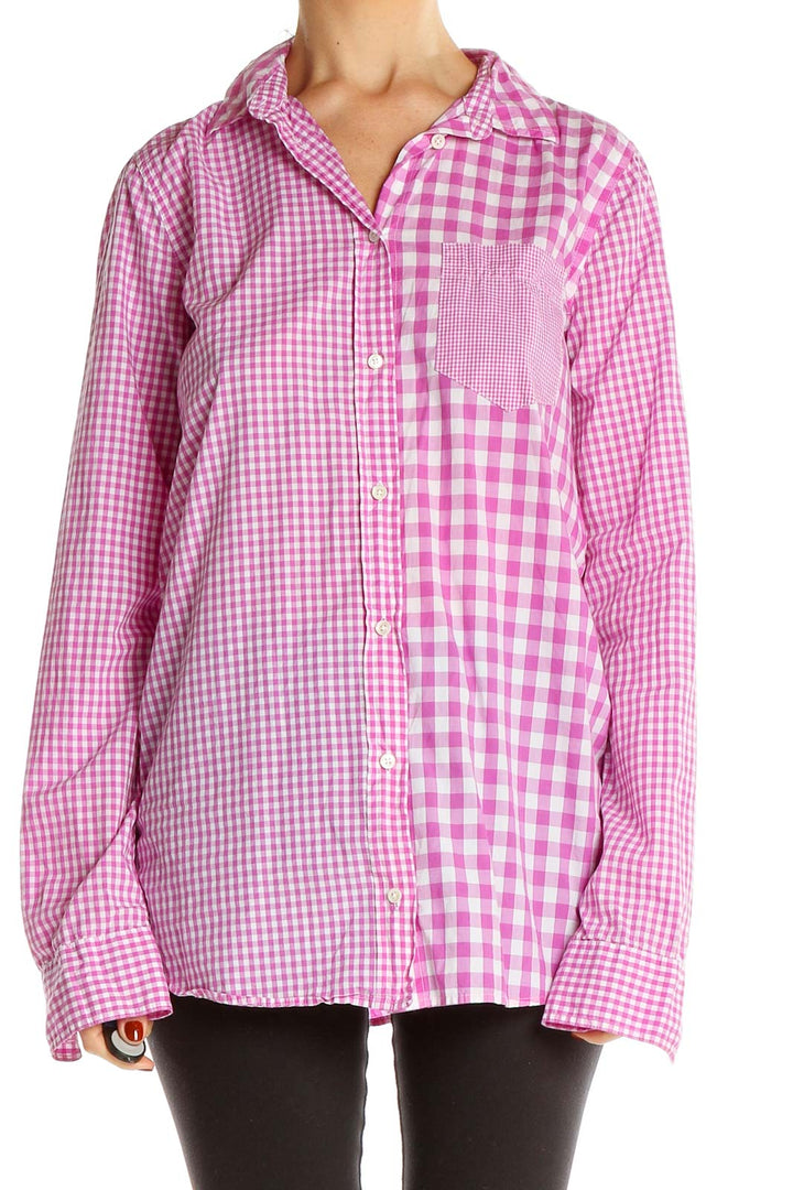 Front view of J.Crew pink gingham check button-down shirt with mixed patterns