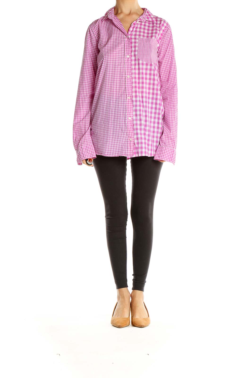 Front view of J.Crew pink gingham check button-down shirt with mixed patterns