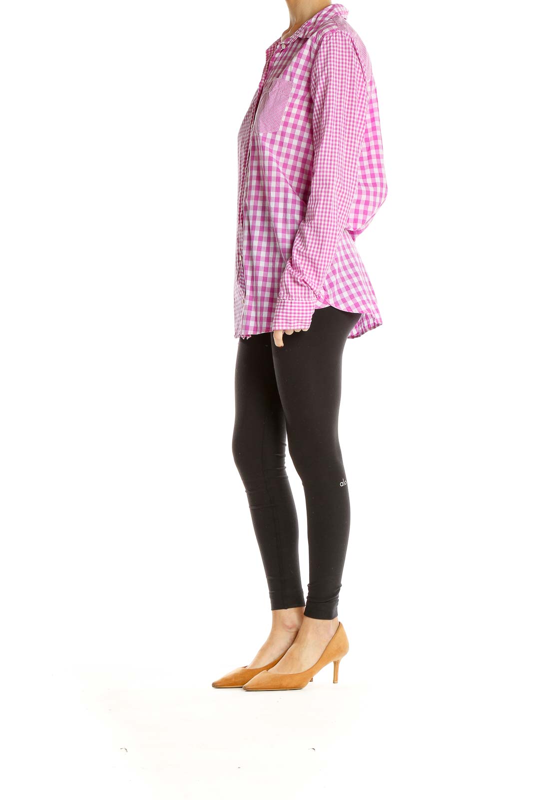 Front view of J.Crew pink gingham check button-down shirt with mixed patterns