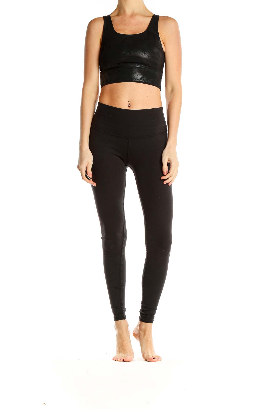 Front view of black DYI athletic crop top with scoop neckline