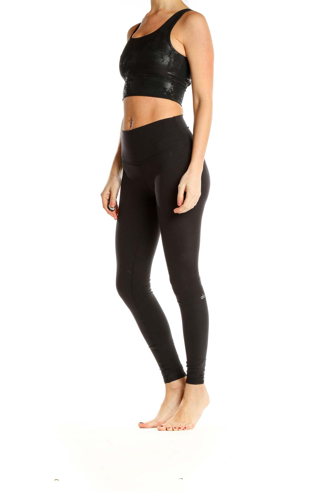 Front view of black DYI athletic crop top with scoop neckline