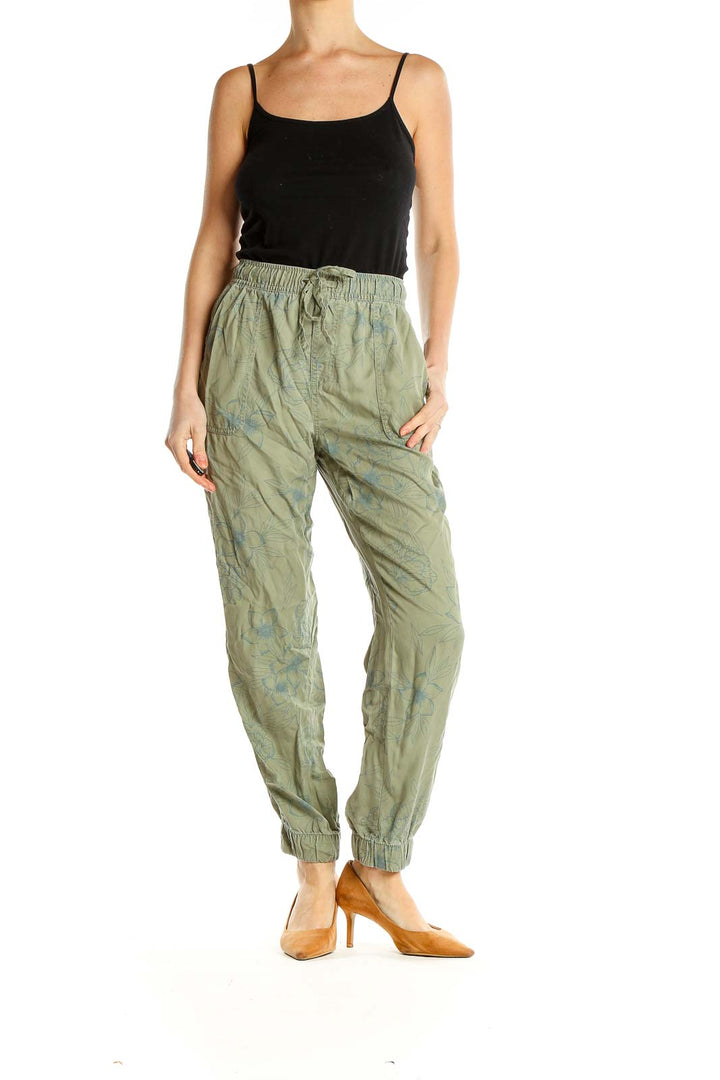 Green Floral Print All Day Wear Drawstring Lyocell Pants