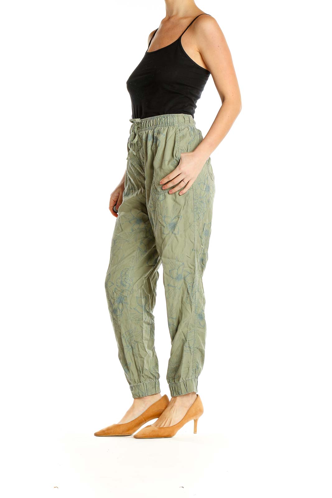 Green Floral Print All Day Wear Drawstring Lyocell Pants