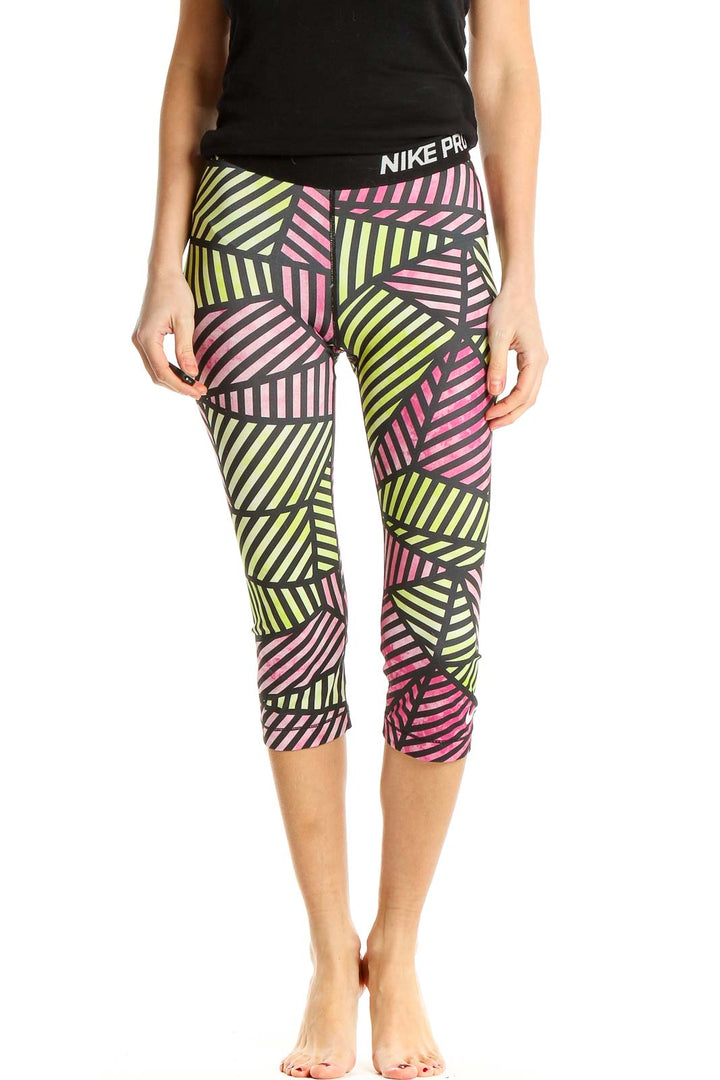 Pink Green Printed Activewear Cropped Leggings