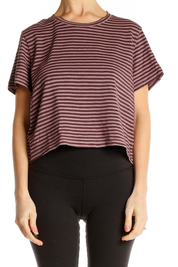 Pink Striped Casual Cropped T-Shirt