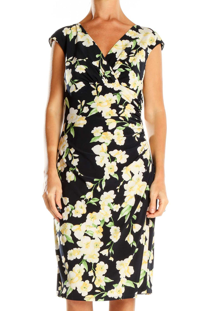 Front view of Lauren Ralph Lauren black floral wrap midi dress