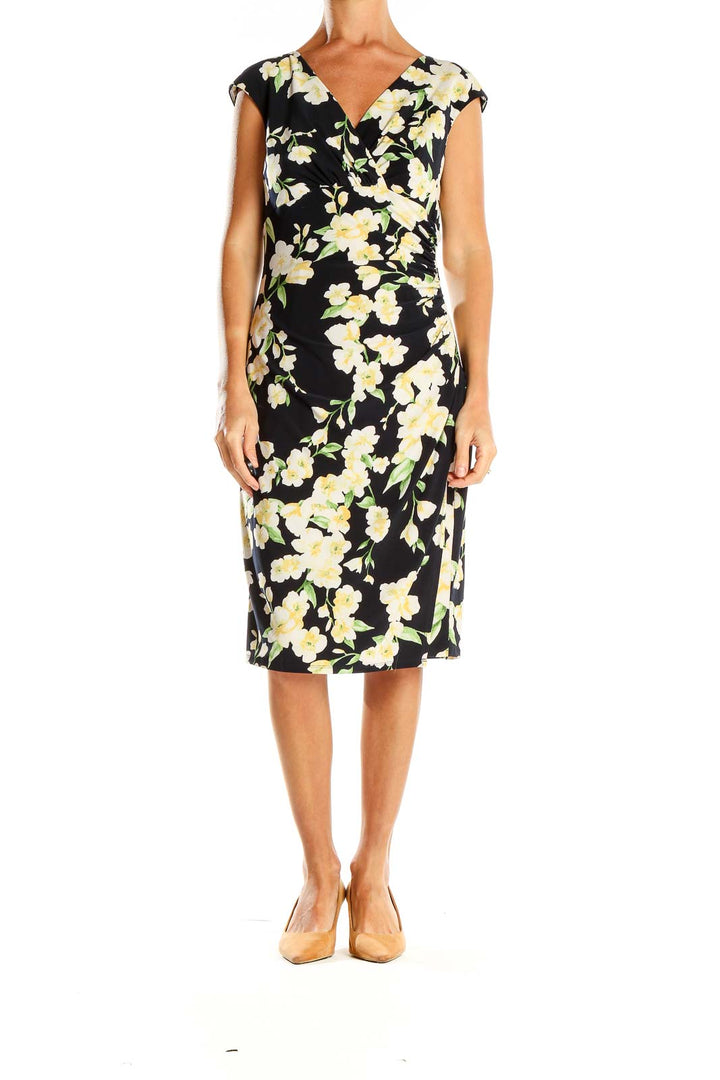 Front view of Lauren Ralph Lauren black floral wrap midi dress