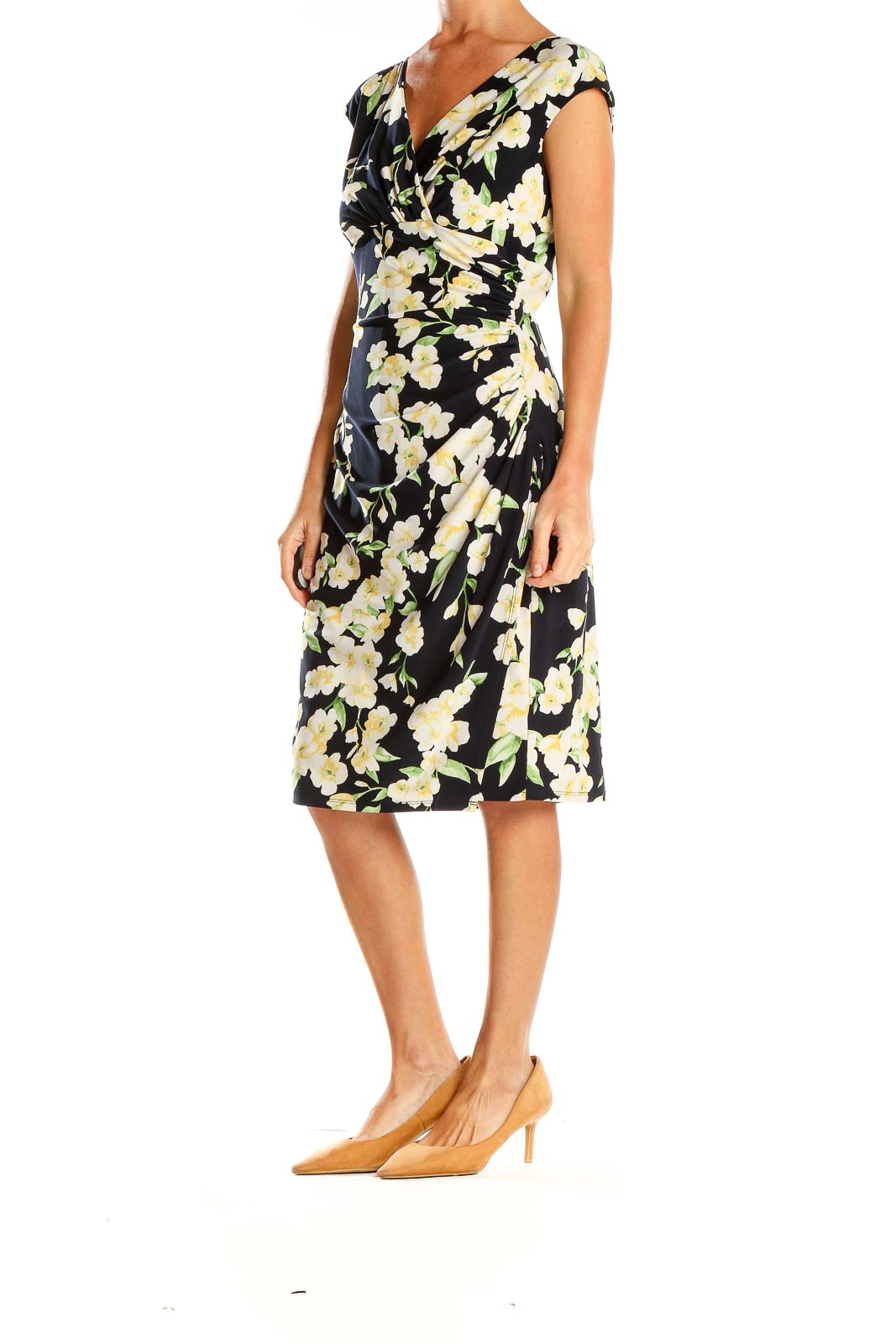 Front view of Lauren Ralph Lauren black floral wrap midi dress