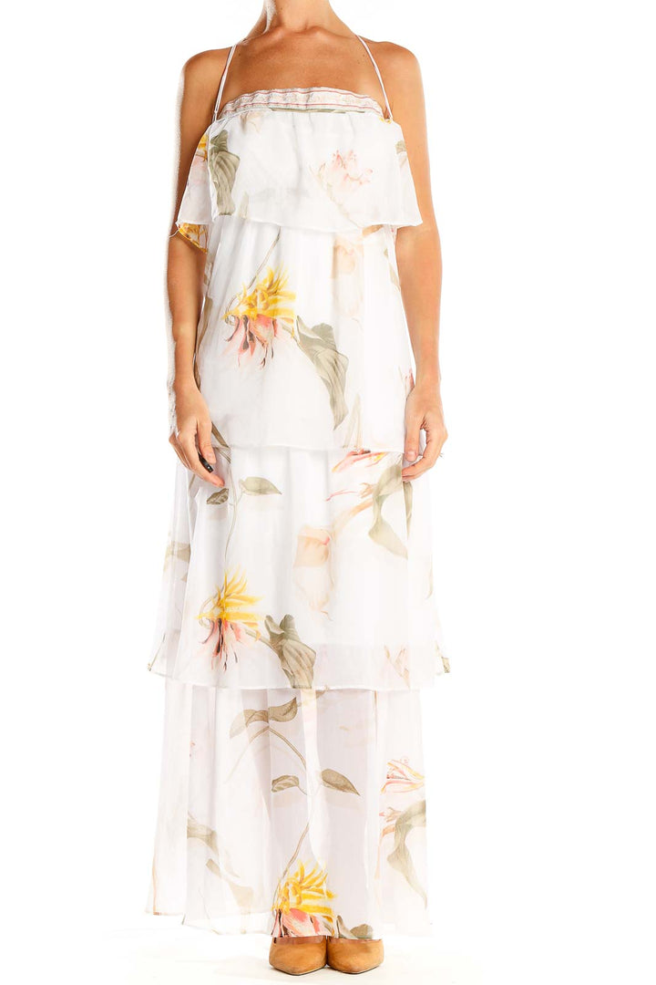 White Floral Print Ruffle Bohemian Column Dress