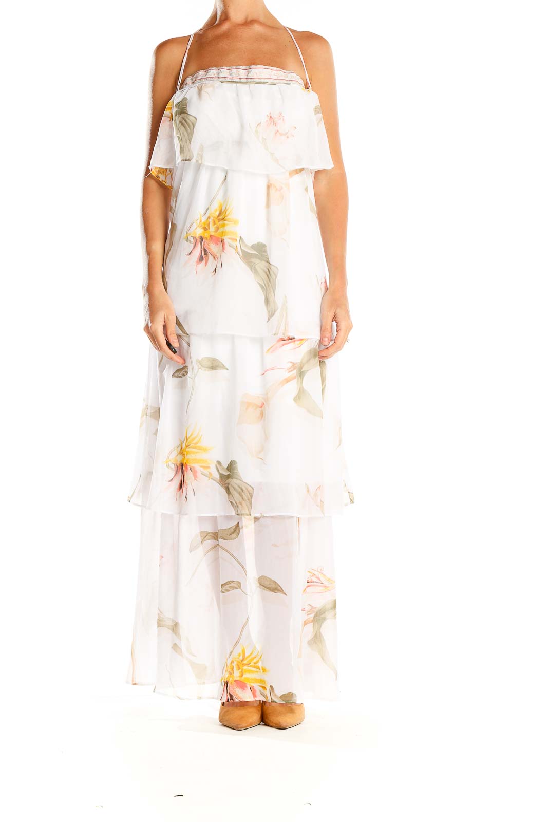 White Floral Print Ruffle Bohemian Column Dress