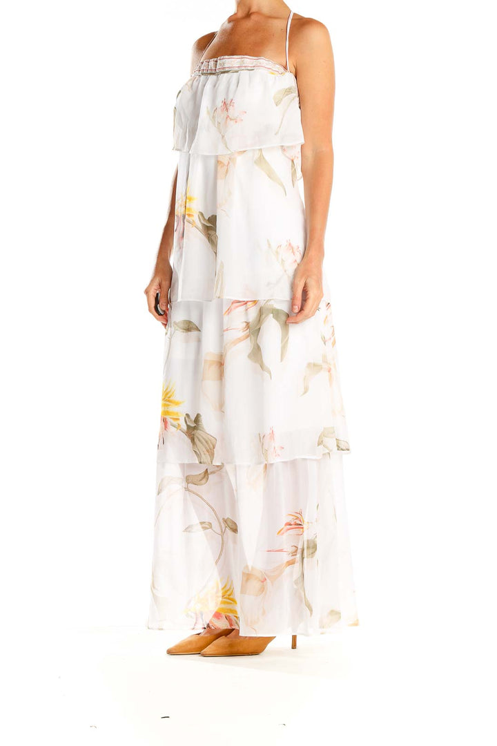 White Floral Print Ruffle Bohemian Column Dress