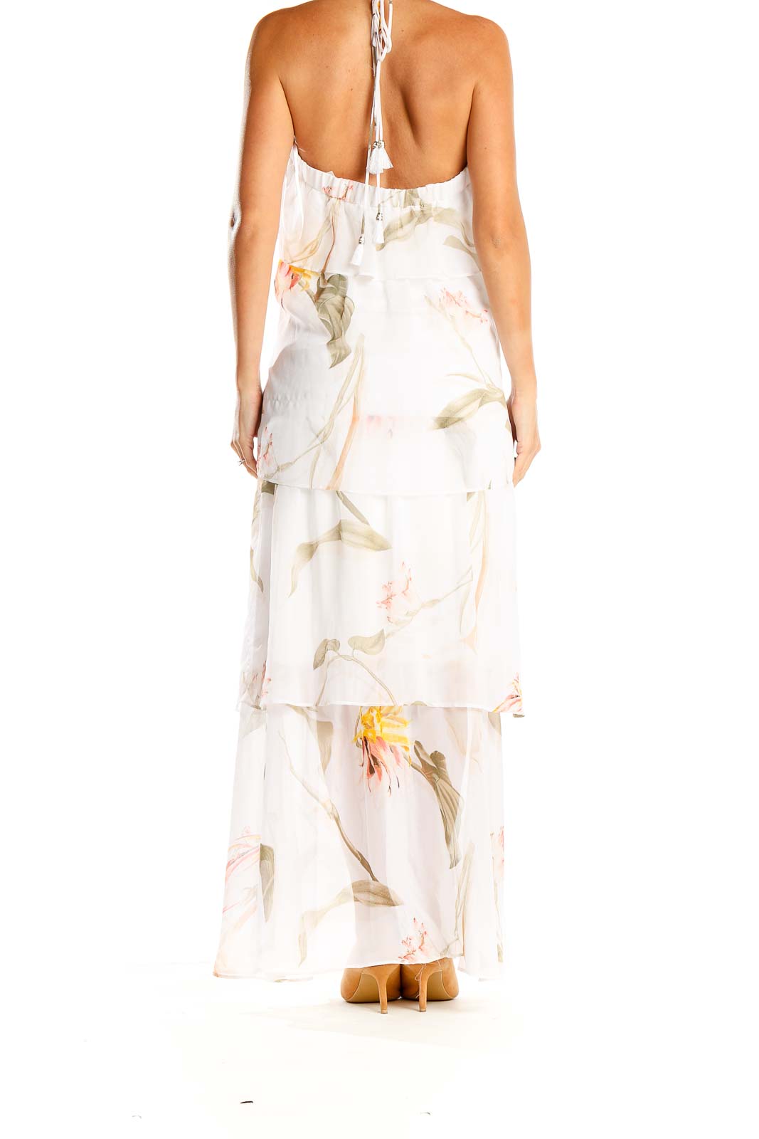 White Floral Print Ruffle Bohemian Column Dress