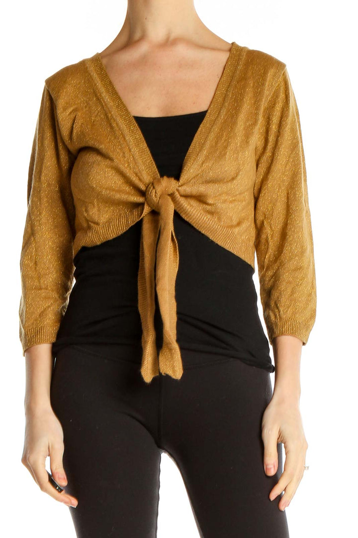 Gold Shimmer Tie Cropped Cardigan