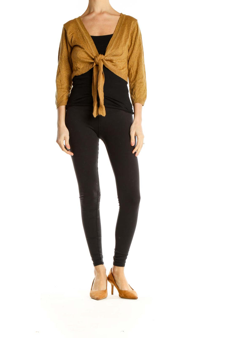 Gold Shimmer Tie Cropped Cardigan