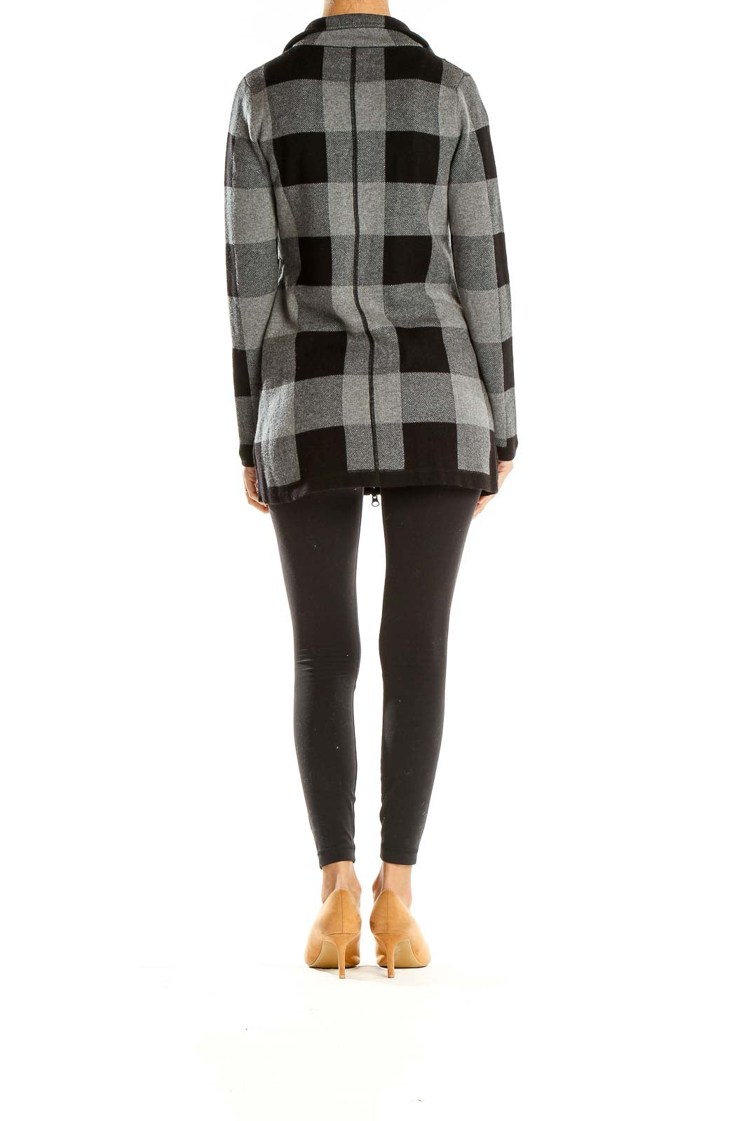 Black Gray Knit Checker Zip Up Jacket