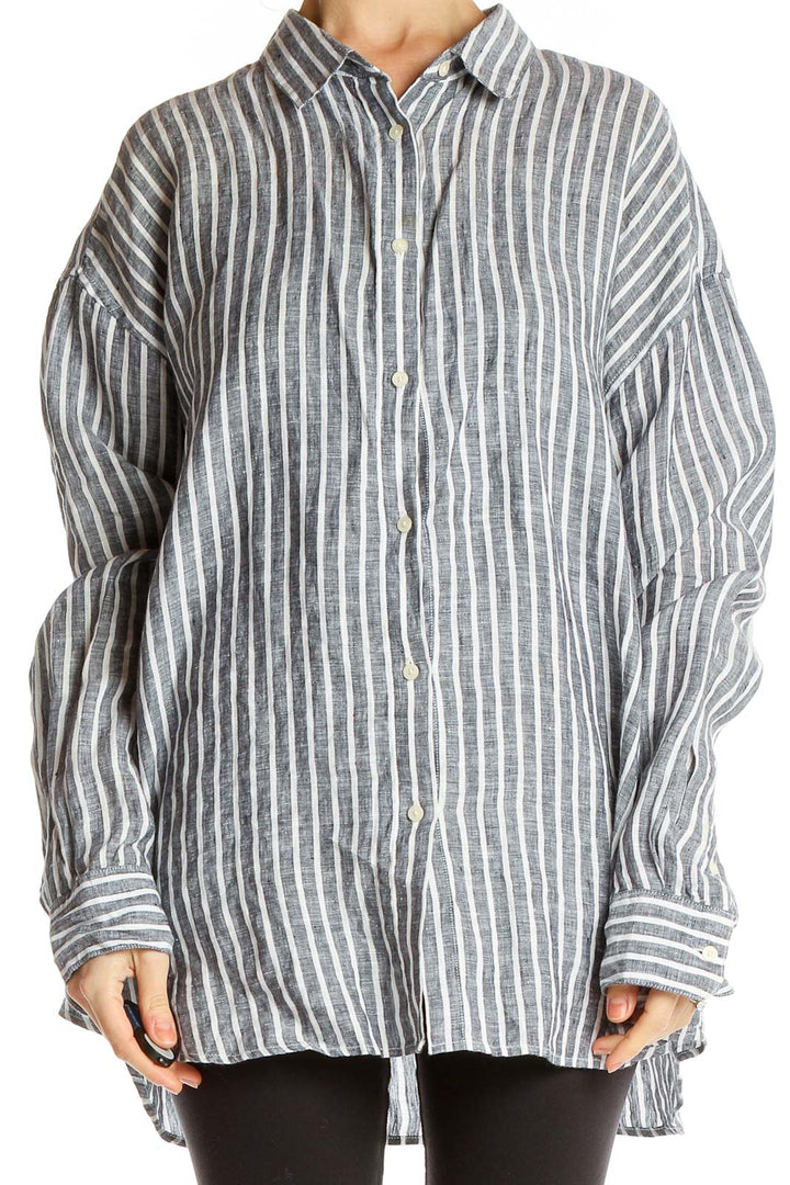 Gray Striped Casual Linen Button-Up Shirt