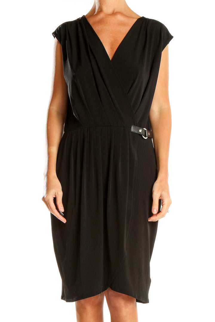 Front view of MICHAEL Michael Kors black wrap dress with V-neck and side buckle