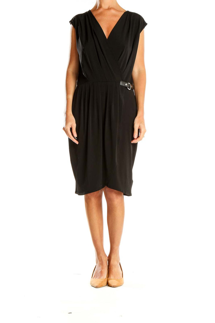 Front view of MICHAEL Michael Kors black wrap dress with V-neck and side buckle