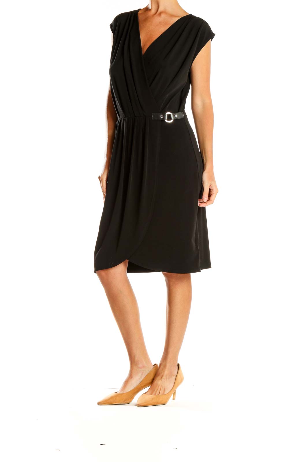 Black V-Neck Belted Sheath Dress