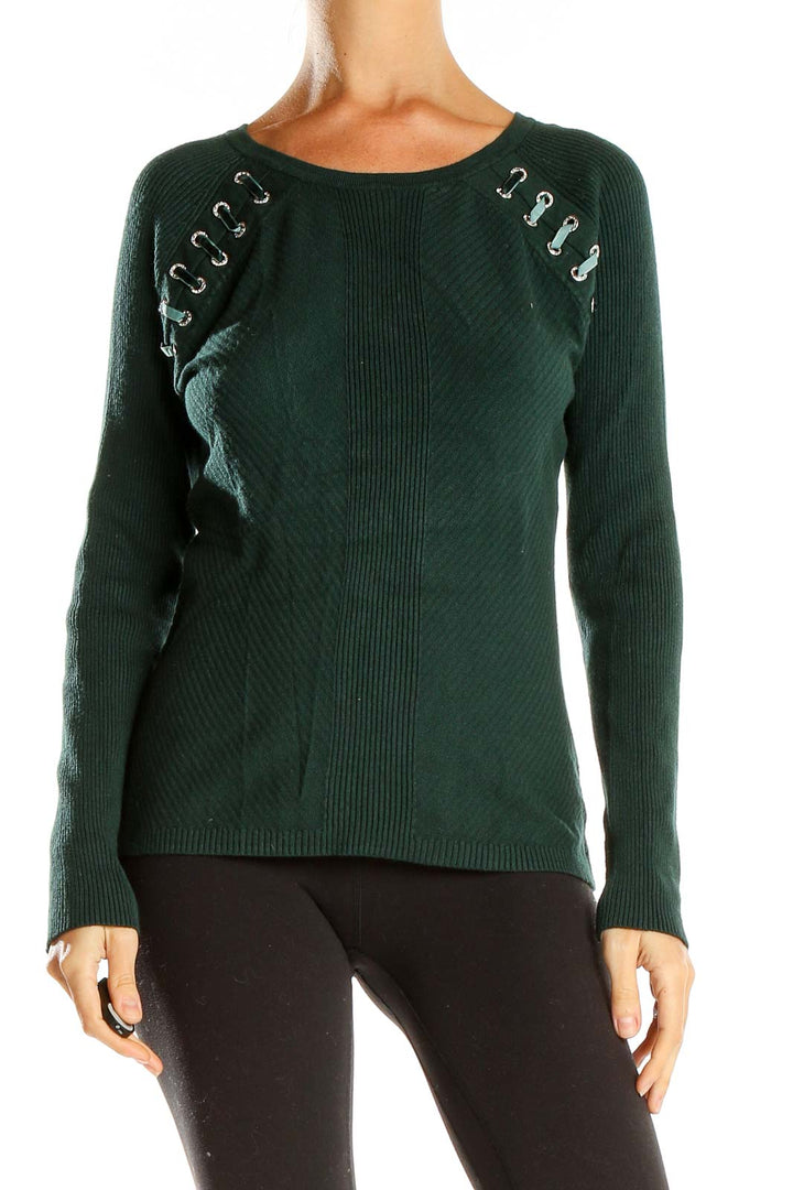 Green Fitted Lace Up Detail Sweater