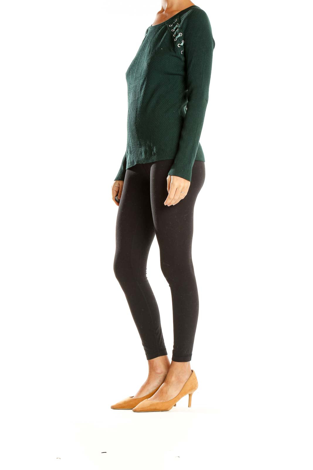 Green Fitted Lace Up Detail Sweater