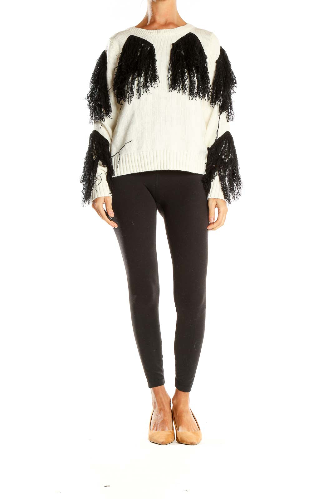 White Chic Sweater With Black Fringe Detail