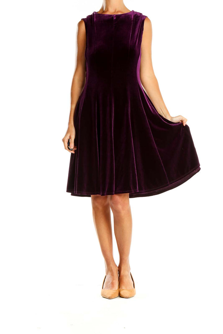 Purple Velour Pleated Cocktail Fit & Flare Dress