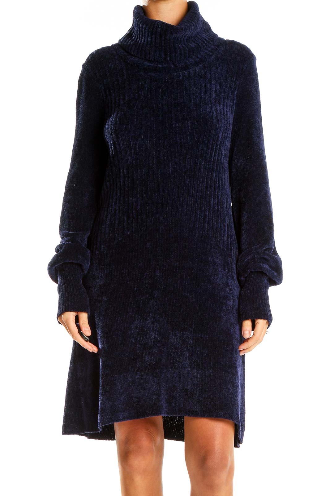 Front view of Free People navy ribbed turtleneck sweater dress